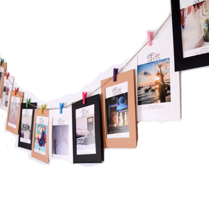 10-Piece DIY Kraft Paper Photo Frame Set – With Clips & String | Wall Hanging Picture Album for Home Decoration