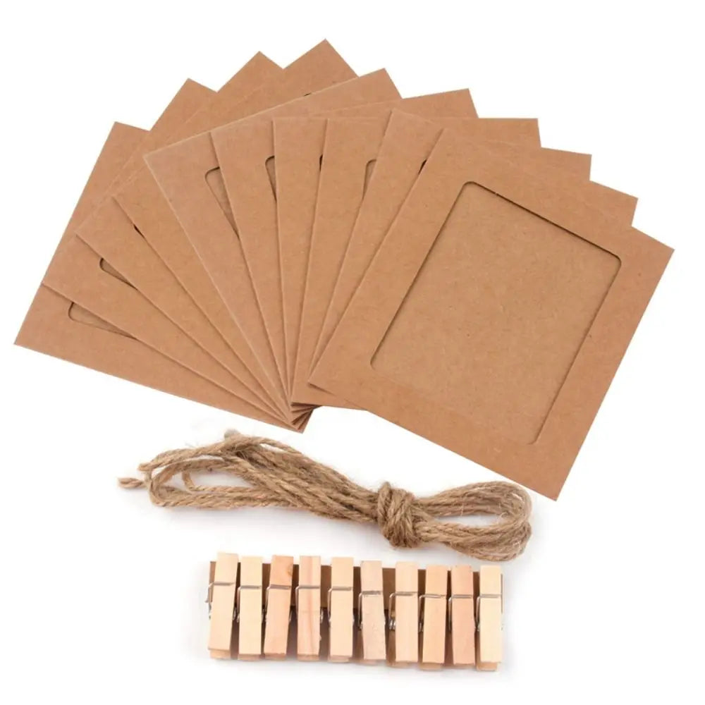 10-Piece DIY Kraft Paper Photo Frame Set – With Clips & String | Wall Hanging Picture Album for Home Decoration
