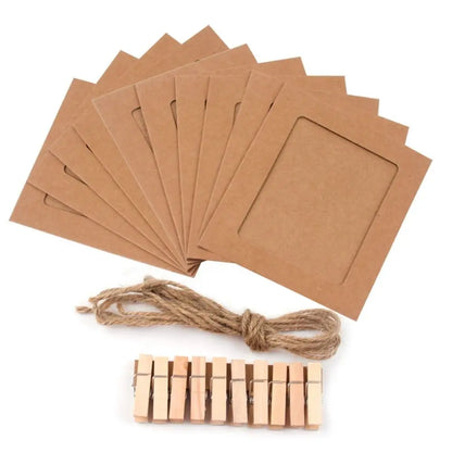 10-Piece DIY Kraft Paper Photo Frame Set – With Clips & String | Wall Hanging Picture Album for Home Decoration