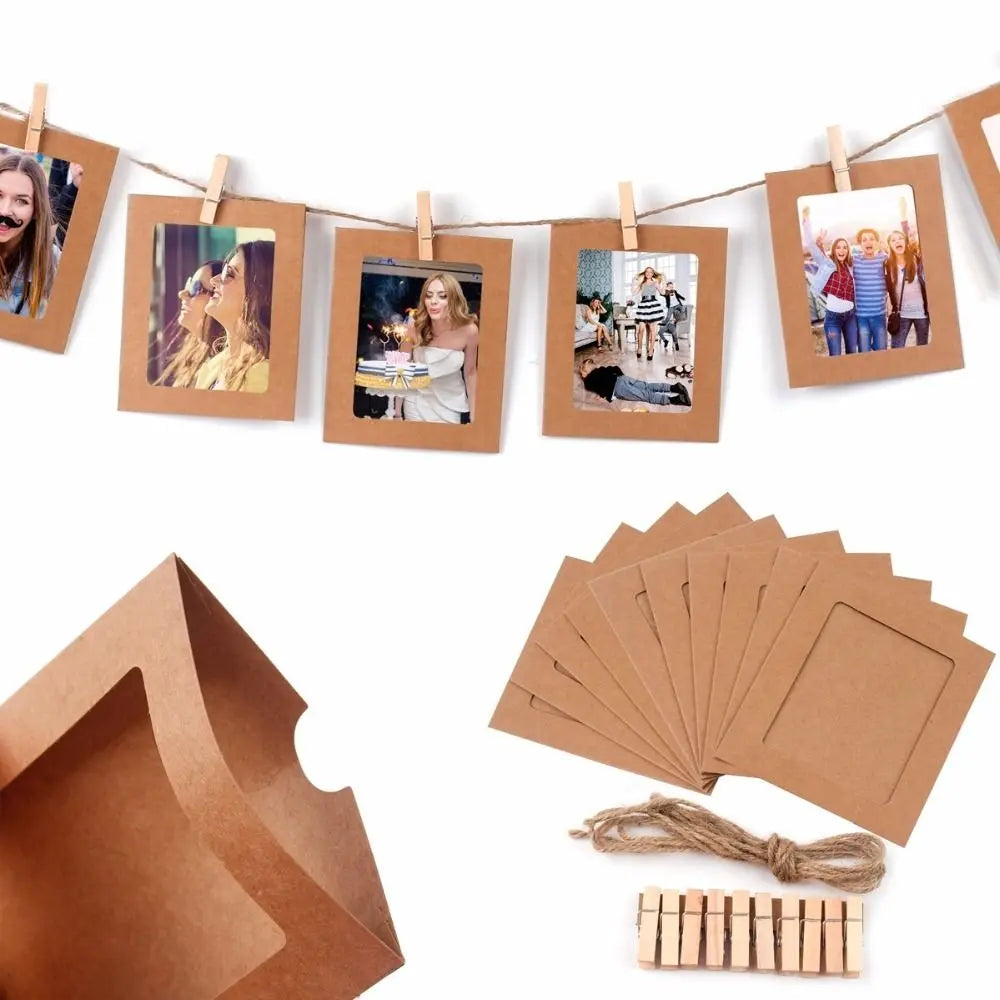 10-Piece DIY Kraft Paper Photo Frame Set – With Clips & String | Wall Hanging Picture Album for Home Decoration