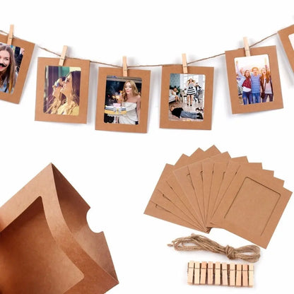 10-Piece DIY Kraft Paper Photo Frame Set – With Clips & String | Wall Hanging Picture Album for Home Decoration