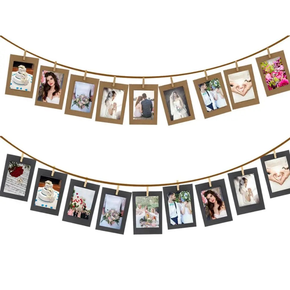 10-Piece DIY Kraft Paper Photo Frame Set – With Clips & String | Wall Hanging Picture Album for Home Decoration