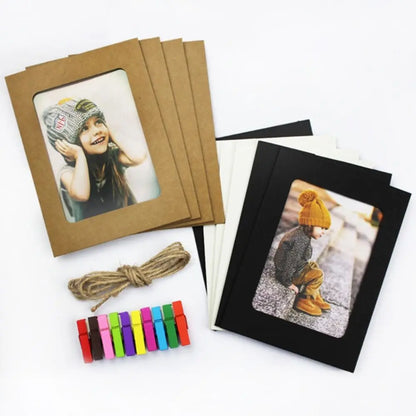 10-Piece DIY Kraft Paper Photo Frame Set – With Clips & String | Wall Hanging Picture Album for Home Decoration