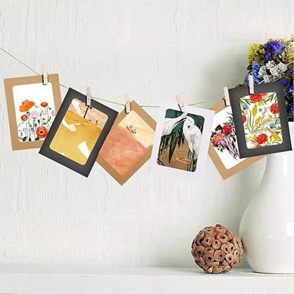10-Piece DIY Kraft Paper Photo Frame Set – With Clips & String | Wall Hanging Picture Album for Home Decoration
