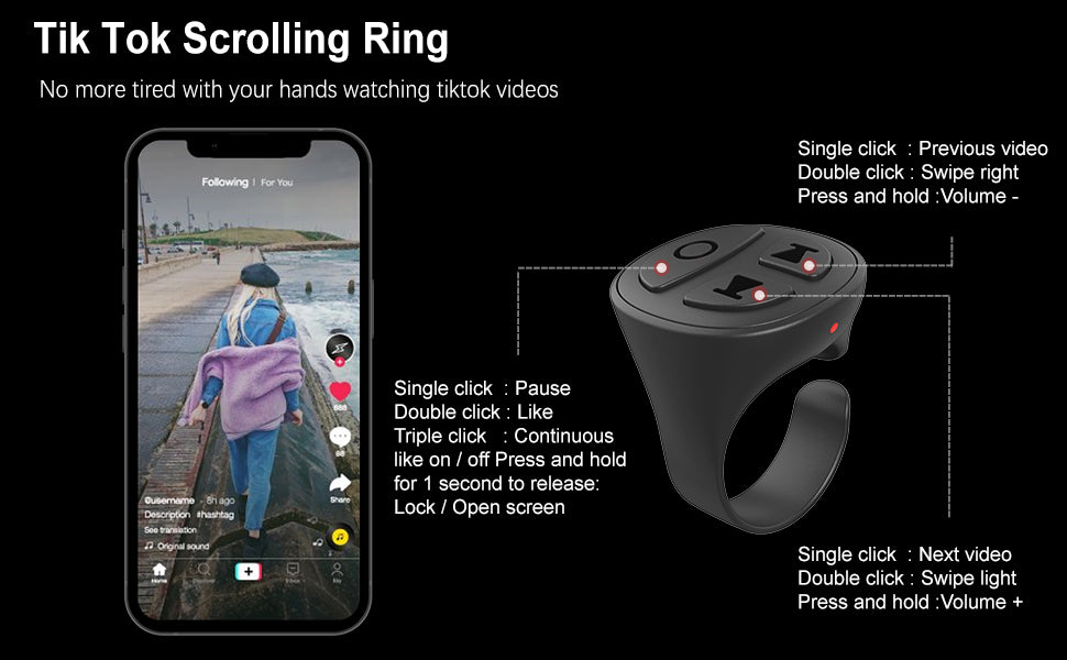 Bluetooth Scrolling Ring – TikTok Remote Controller for Hands-Free Swiping & Selfies"